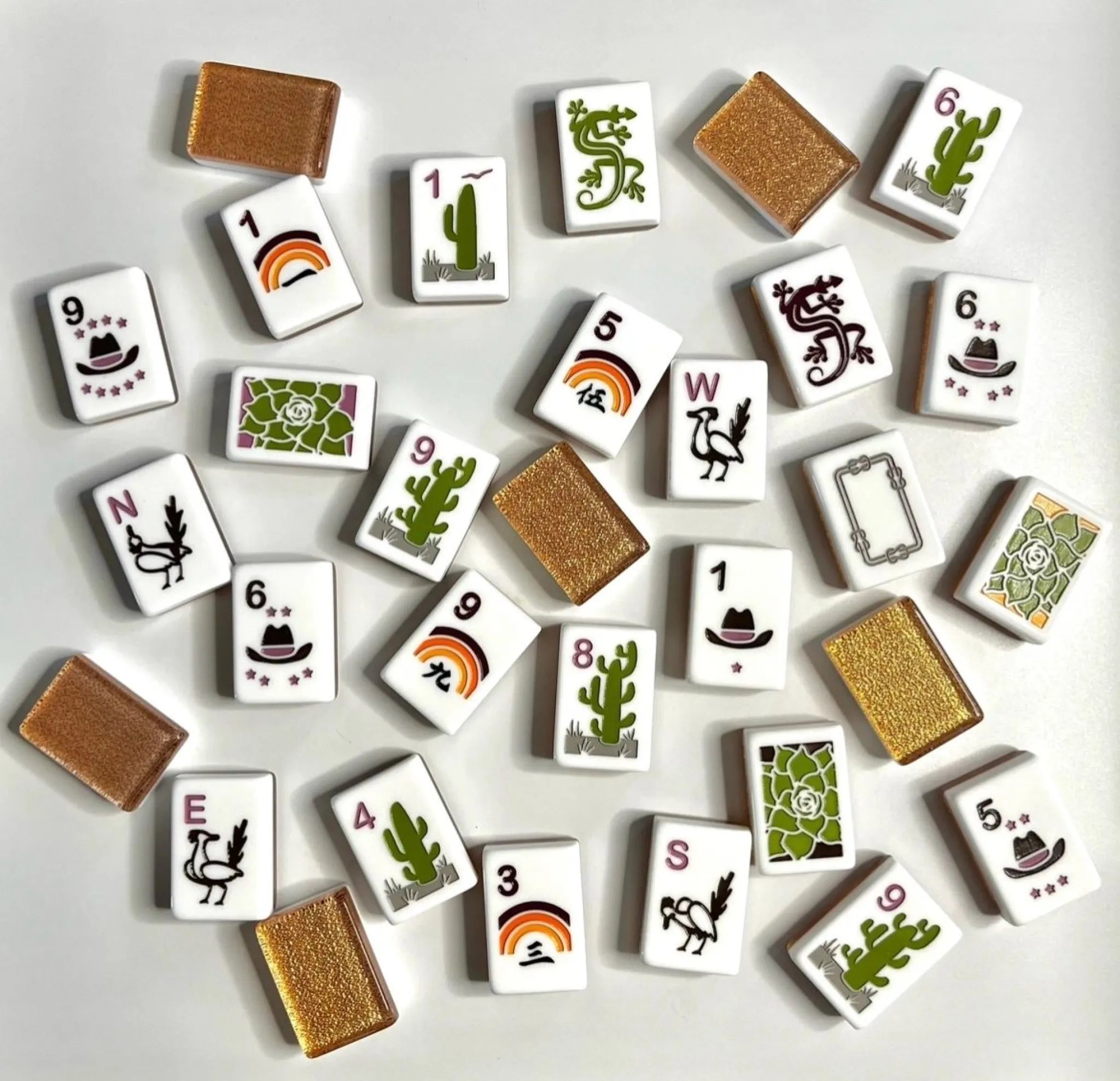 Western Luxe mahjong tiles with cactus, cowboy hat and desert artwork